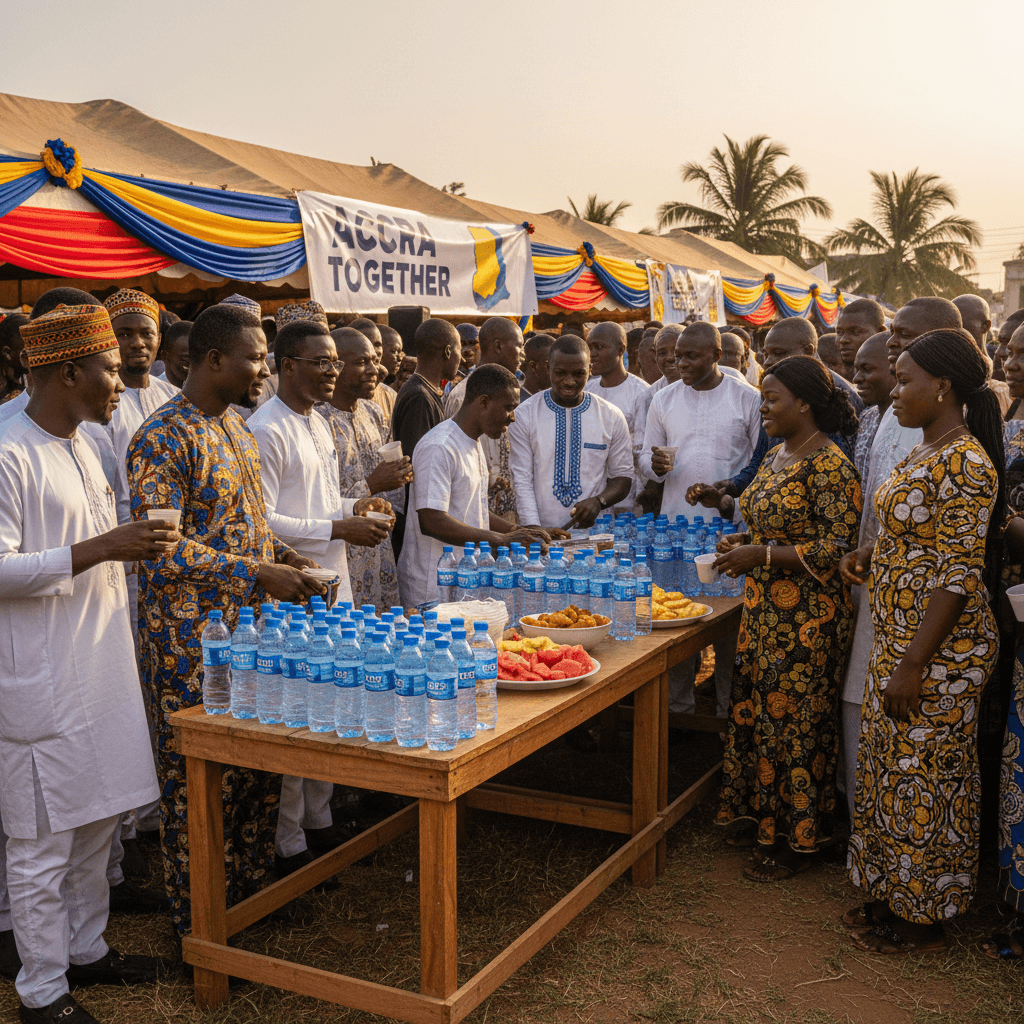 Community event in Accra with people gathering around refreshment table with mineral water bottles