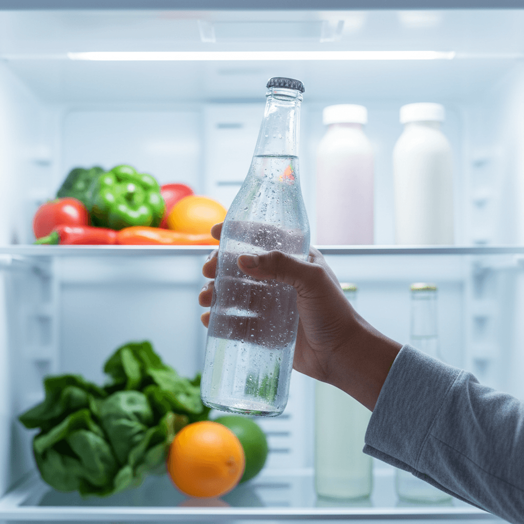 Bottled water displayed in contemporary kitchen environment