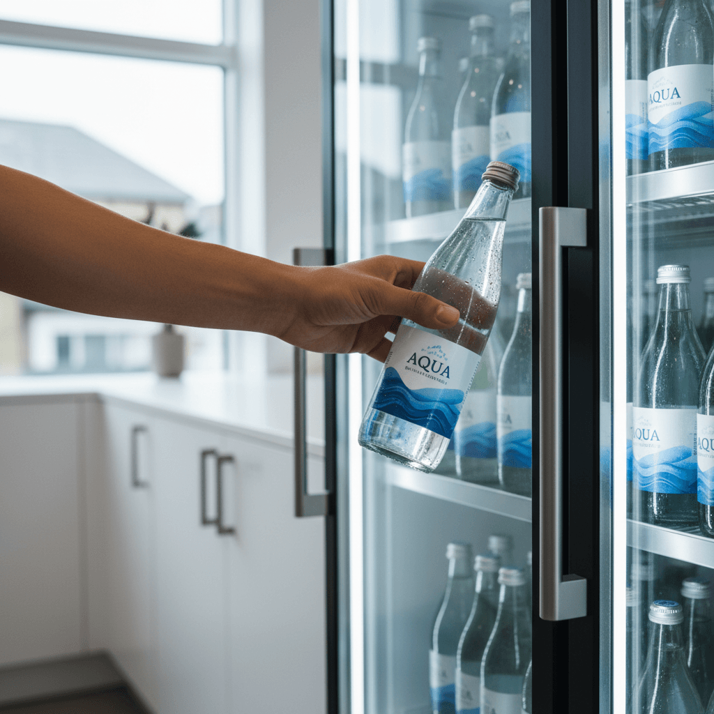 Fresh mineral water bottles and sachets displayed with natural lighting