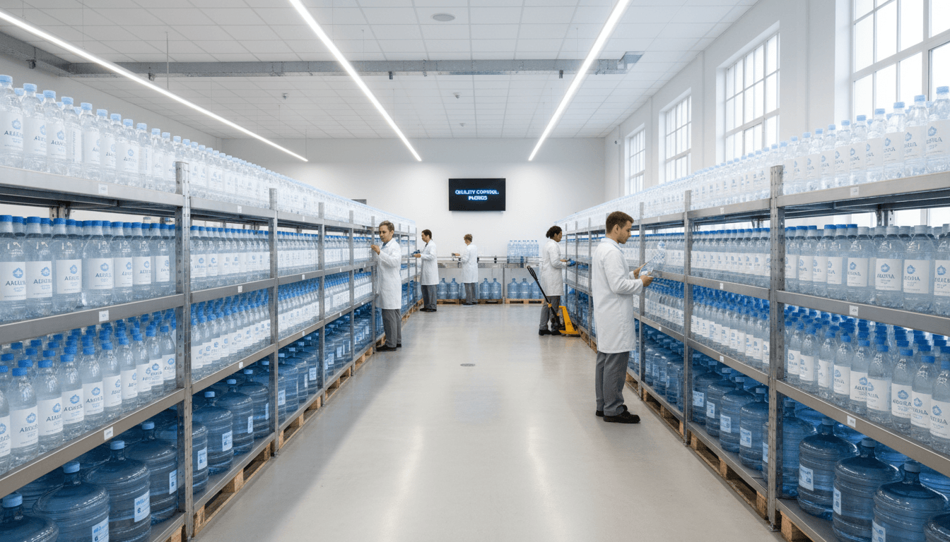 Team member at Reign Natural Mineral Water facility in Accra showcasing bottled and sachet water products