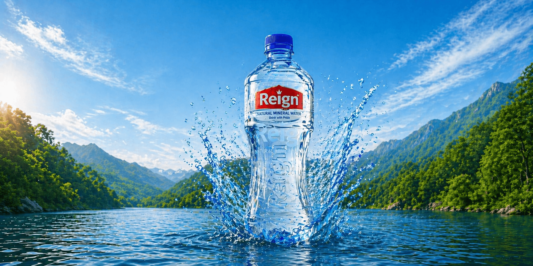 Reign mineral water bottle splashing in a scenic lake surrounded by lush green mountains.