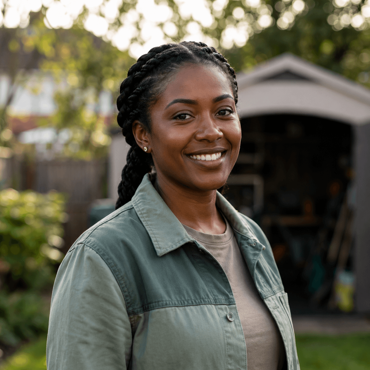 Smiling Black woman with braided hair wearing a green jacket, standing near a garden shed.