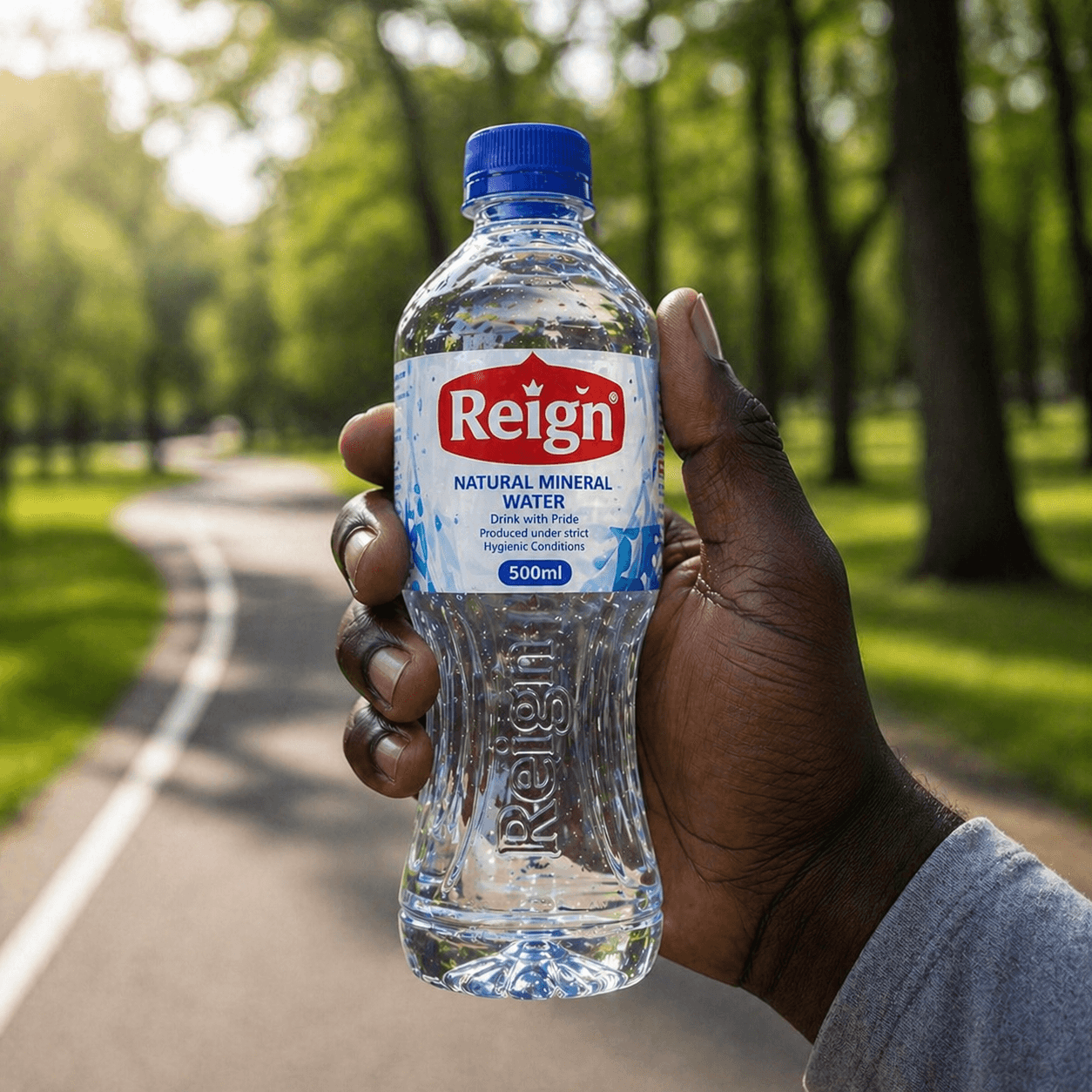 Hand holding a bottle of Reign Natural Mineral Water in a lush, sunlit park.