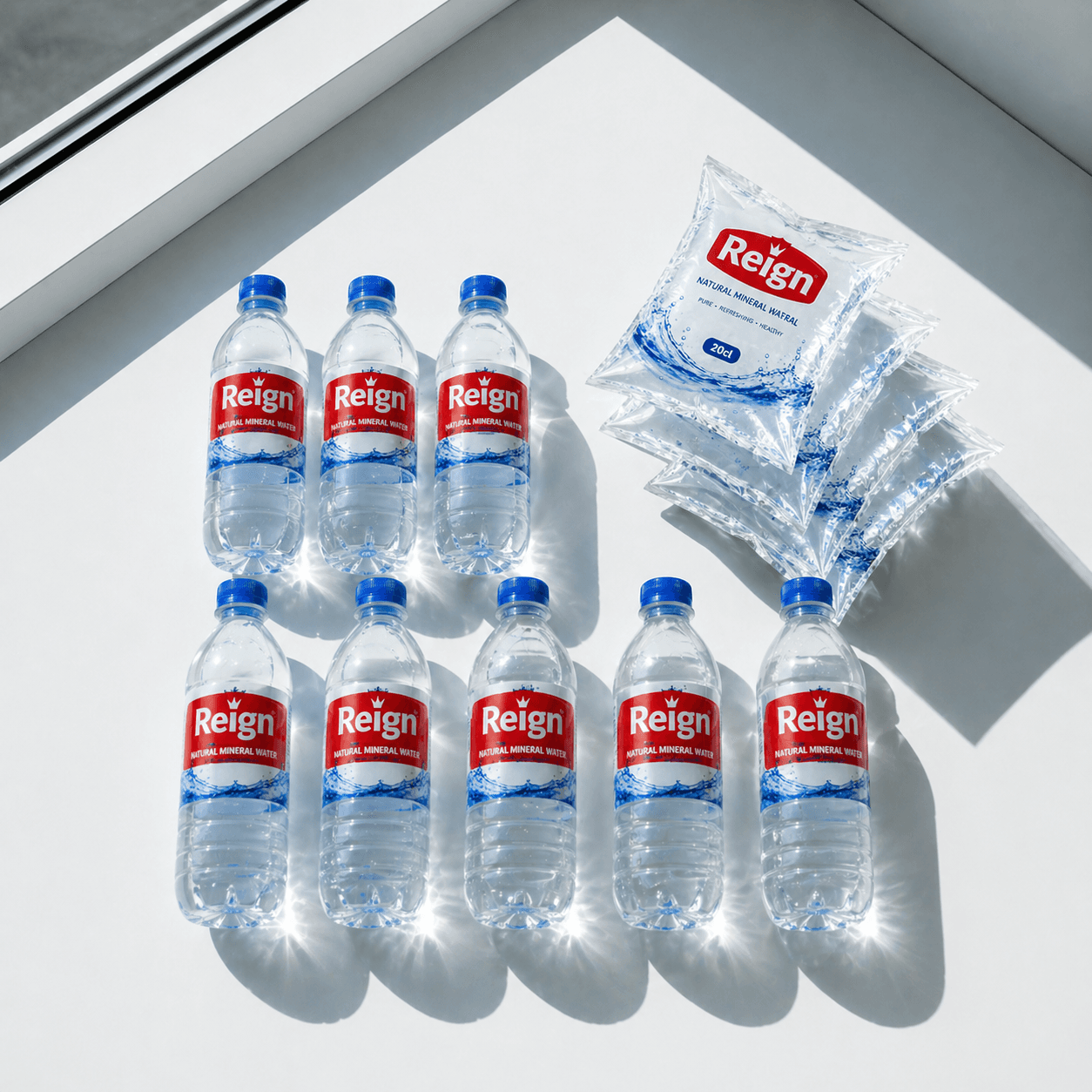 Reign Natural Mineral Water bottles and sachets arranged on a white surface in sunlight.