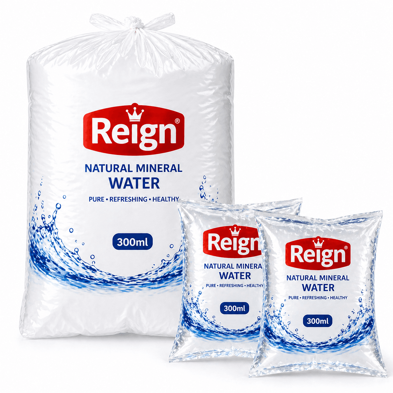 Bulk bag and two individual 300ml sachets of Reign brand natural mineral water.