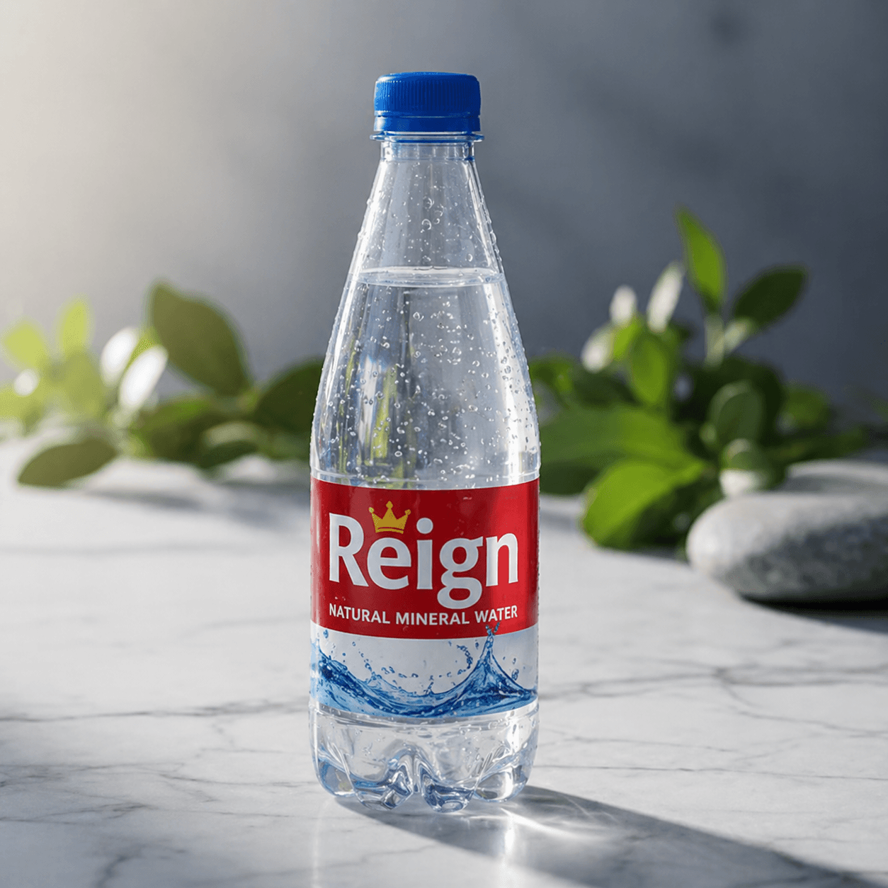 Clear bottle of Reign natural mineral water on marble surface with green foliage behind.