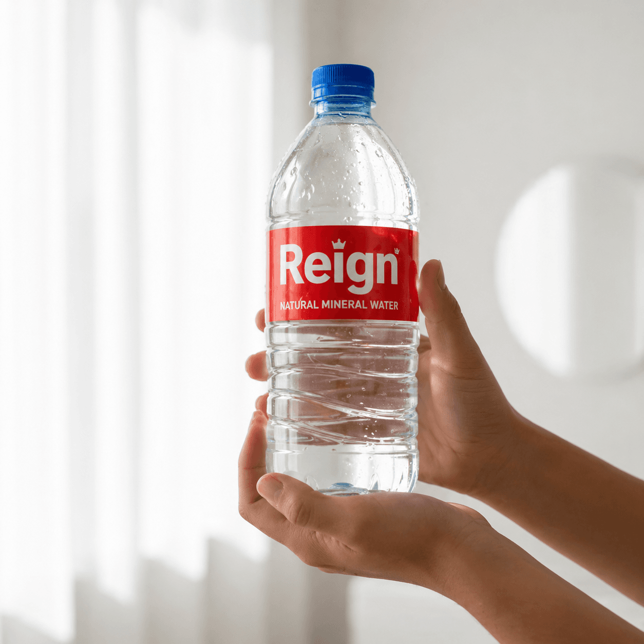 Hands holding a clear bottle of Reign natural mineral water with a red label.
