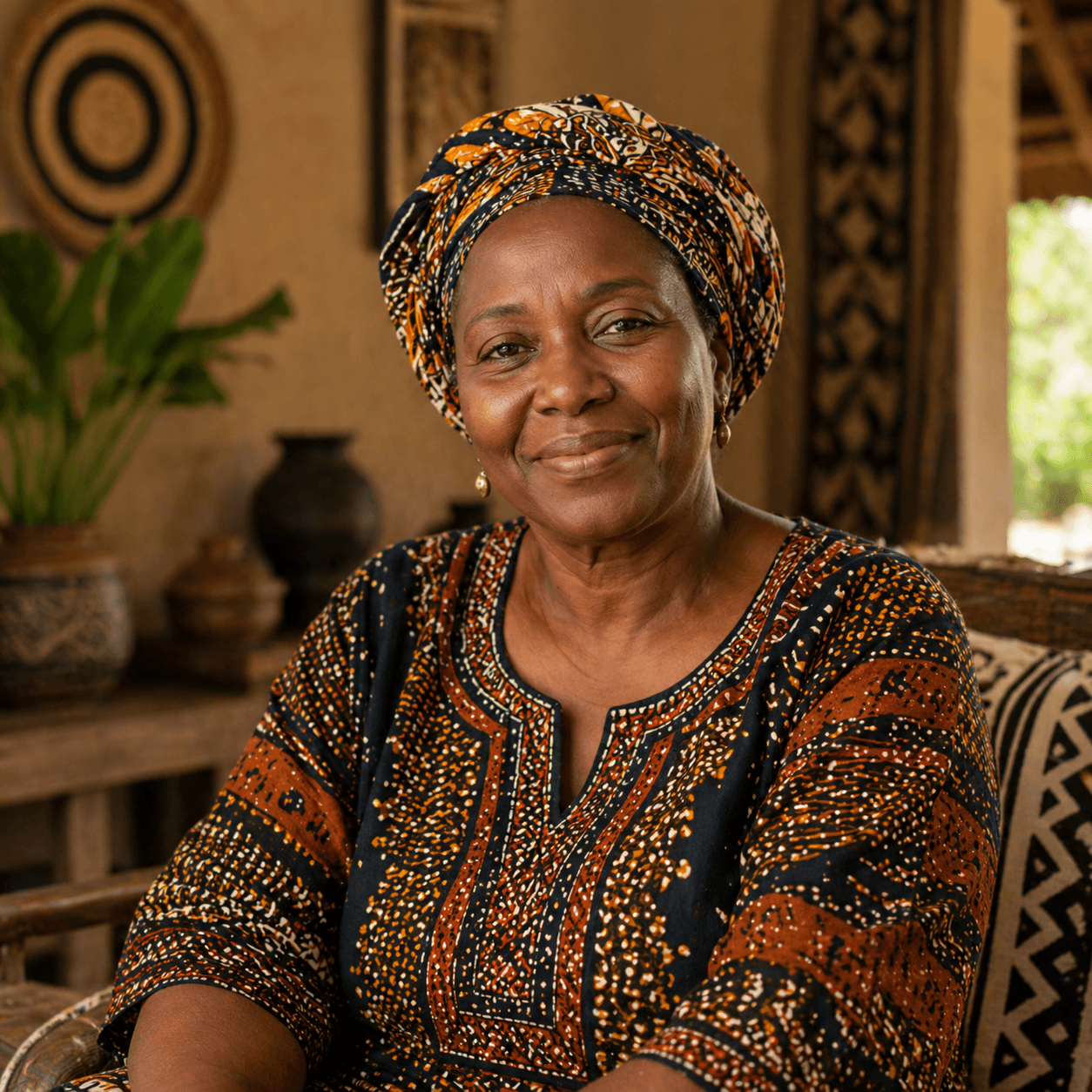 Smiling Black woman wearing a traditional patterned headwrap and dress in a rustic setting.