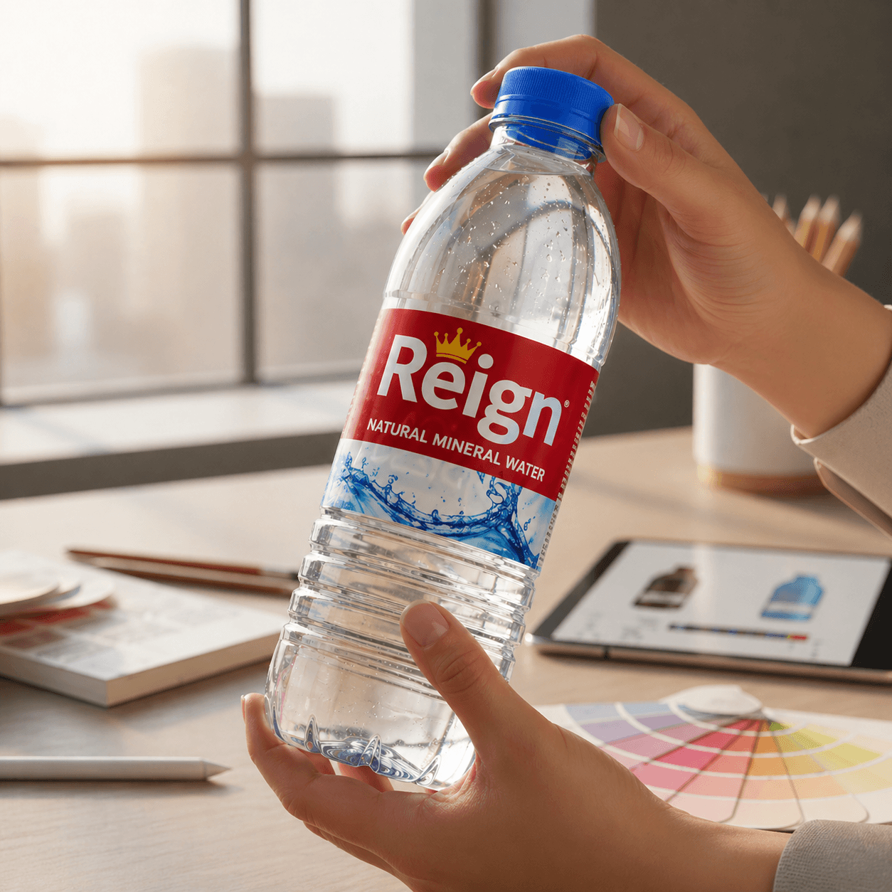 Hands holding a Reign Natural Mineral Water bottle at a desk with color swatches.