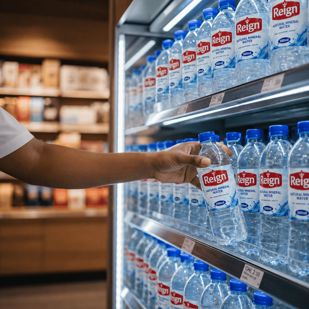 Hand reaching for a bottle of Reign mineral water from a stocked refrigerated shelf.