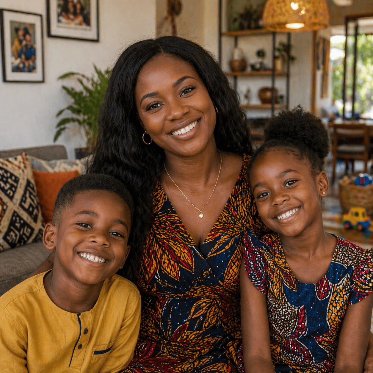 Smiling Black woman and two children in vibrant patterned clothing pose for a family portrait.
