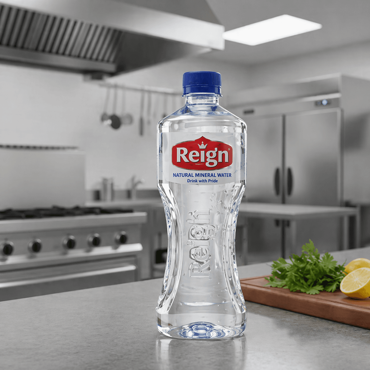 Reign Natural Mineral Water bottle on a kitchen counter with fresh lemons and herbs.