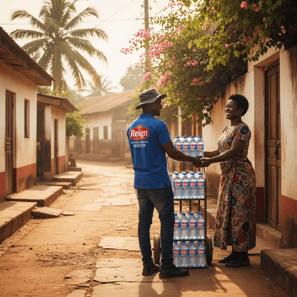 Man delivering Reign bottled water to a smiling woman on a sunny village street.