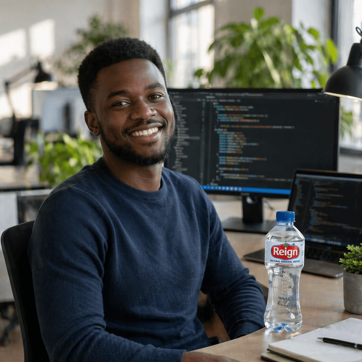 Smiling man at a desk with coding on monitors and Reign natural mineral water.