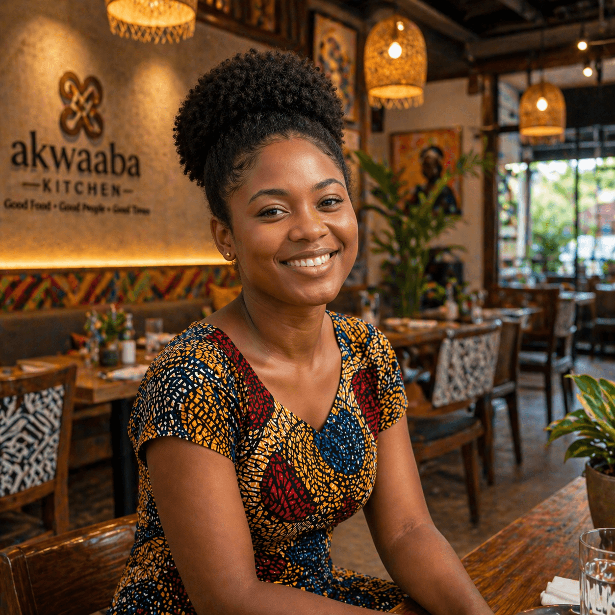 Smiling woman with a high puff hairstyle wearing a colorful patterned dress in a restaurant.