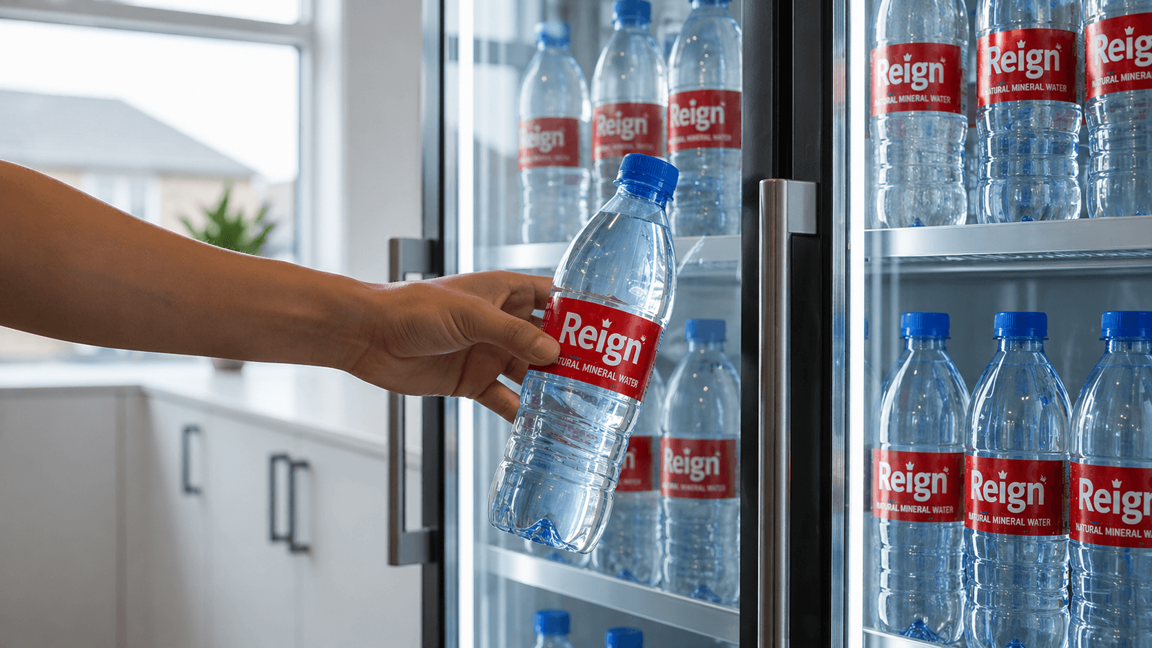 Hand reaching into a glass refrigerator to take a bottle of Reign natural mineral water.