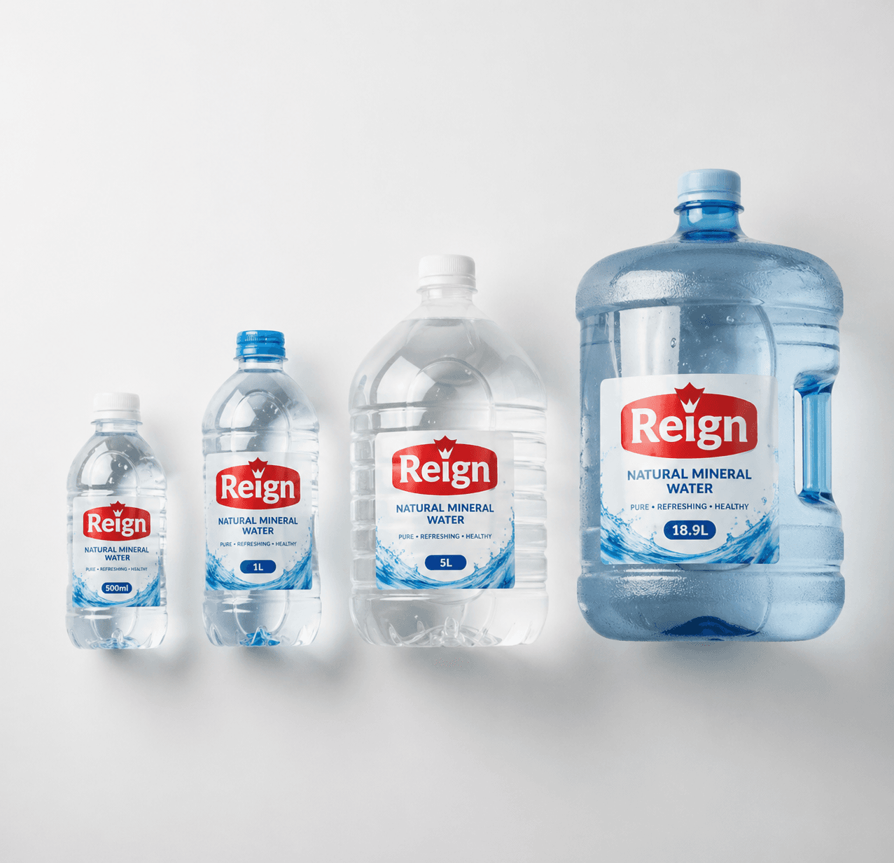 Four Reign natural mineral water bottles in 500ml, 1L, 5L, and 18.9L sizes.