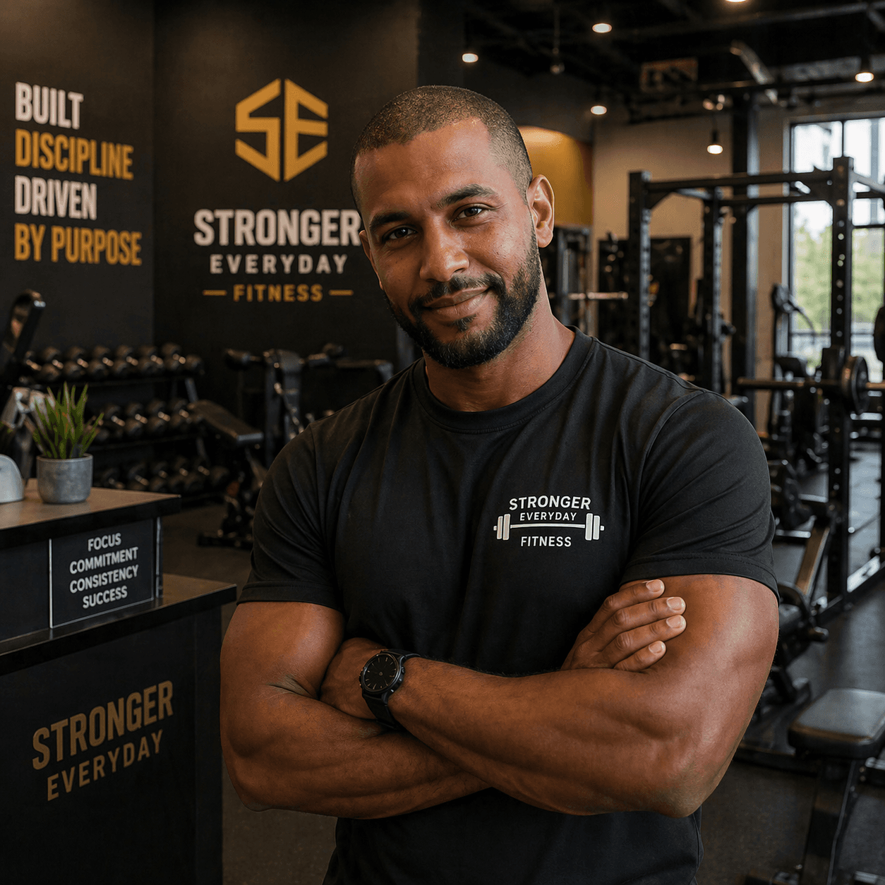 Muscular man with crossed arms smiling in a gym with Stronger Everyday Fitness branding.