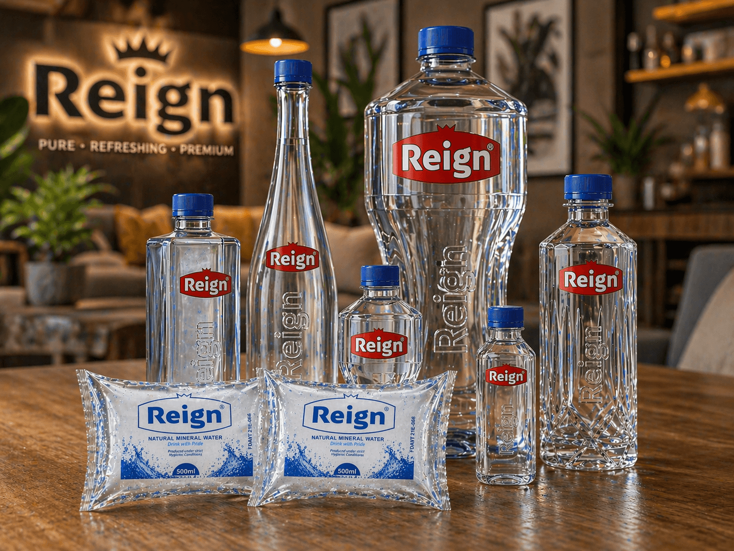 Assorted Reign brand mineral water bottles and sachets in various shapes on a wooden table.