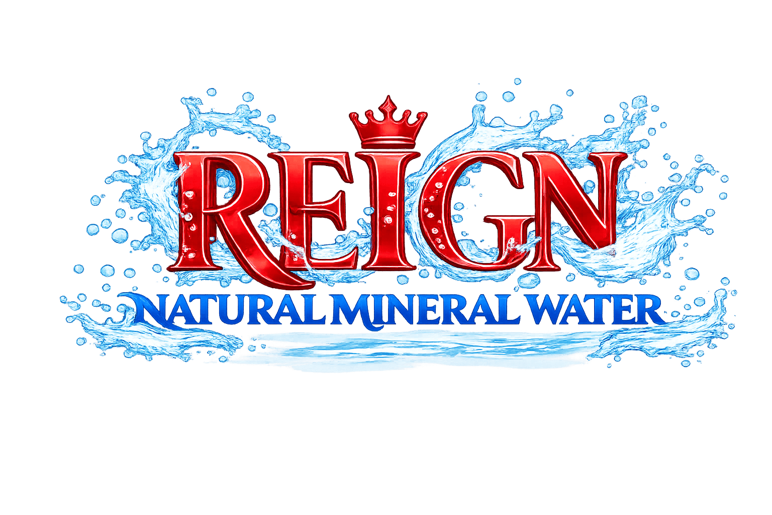 Red REIGN logo with a crown and blue water splashes, reading natural mineral water.