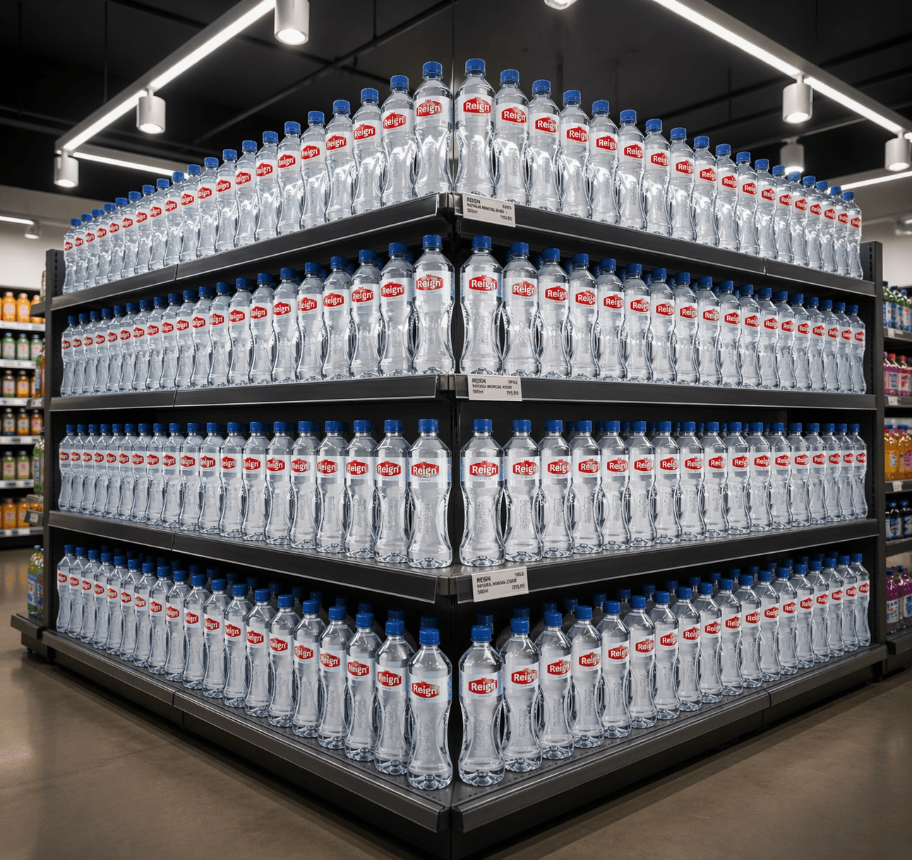 Symmetrical rows of Reign bottled water neatly arranged on a corner supermarket shelf display.