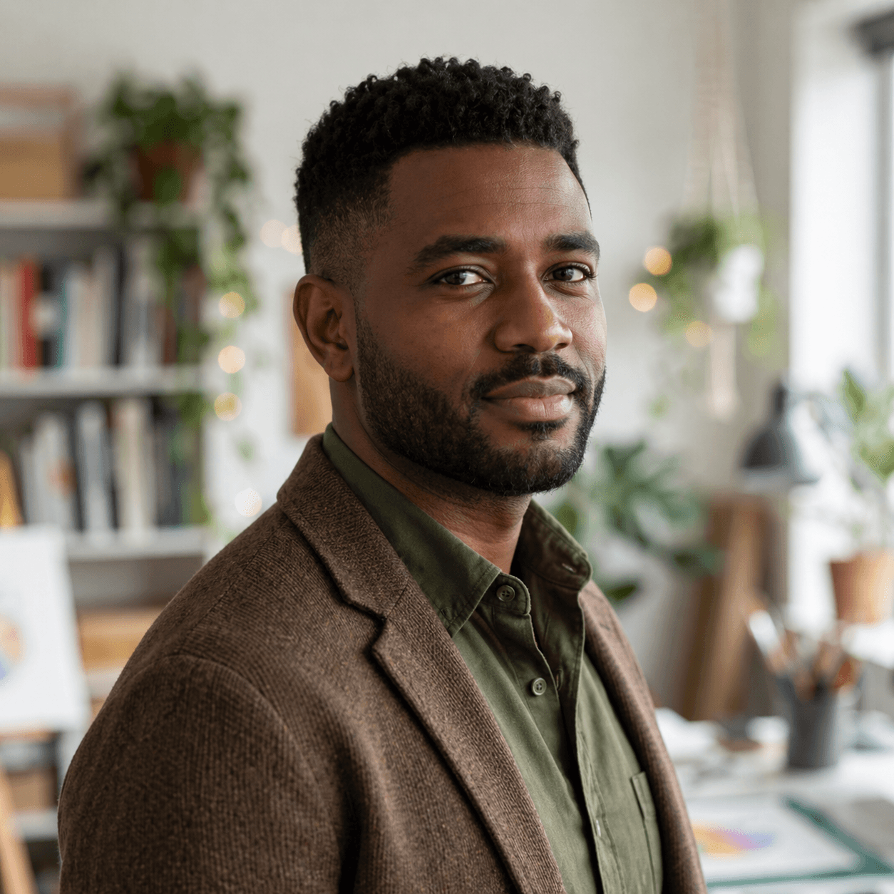 Black man with a beard wearing a brown blazer in a bright, plant-filled studio.