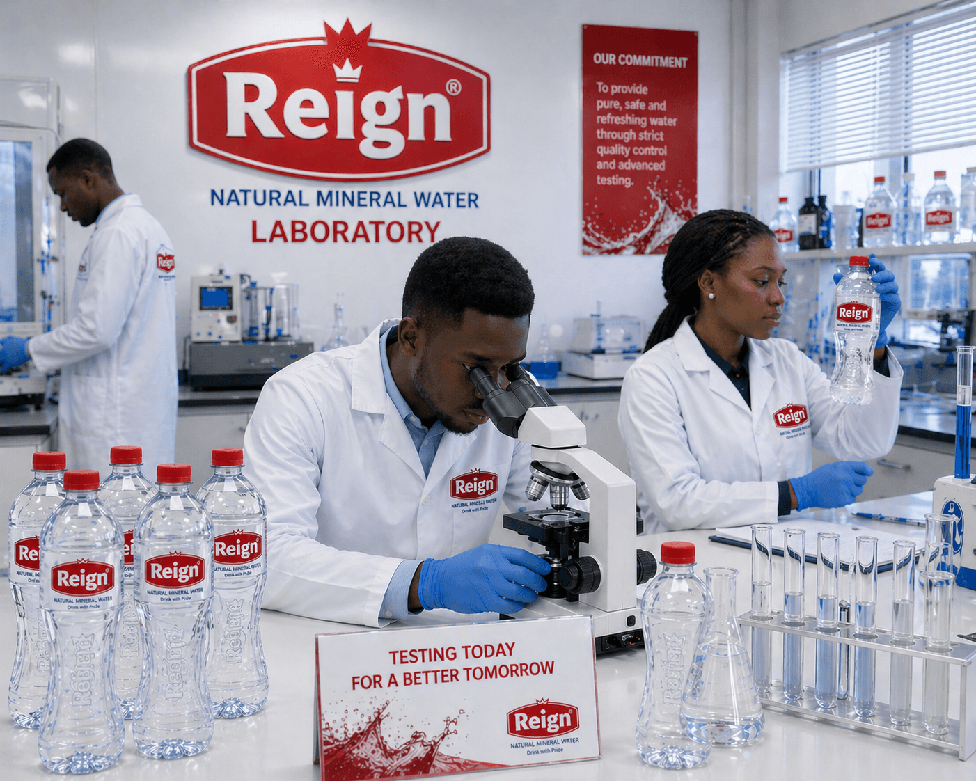 Scientists in a Reign laboratory conduct quality control tests on bottled water using a microscope.