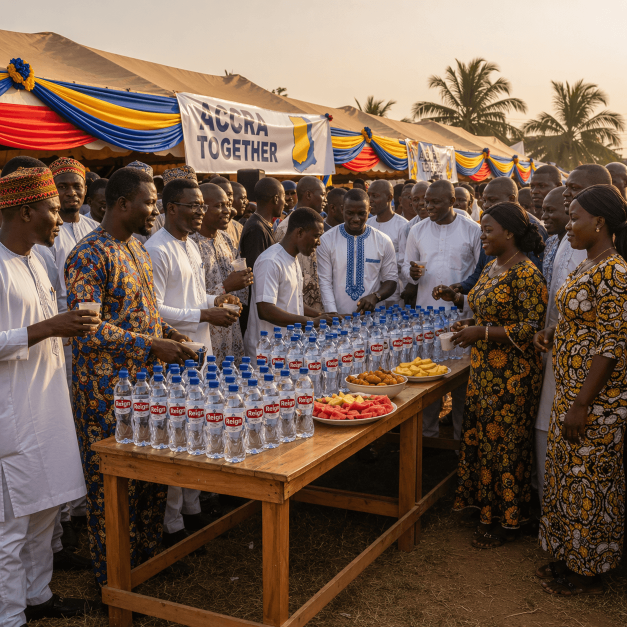 People gather around a table with water and fruit at a festive outdoor event.