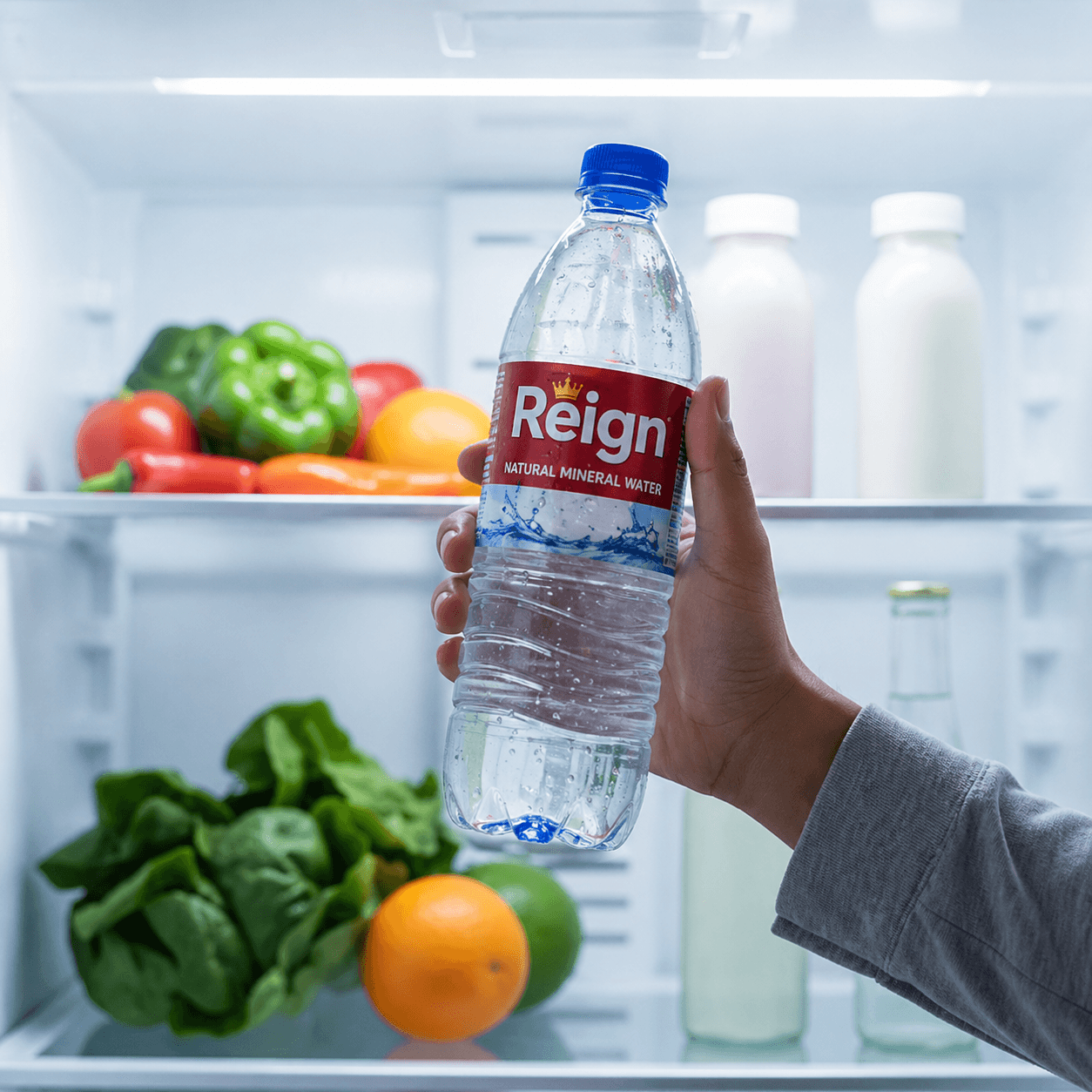 Hand holding a cold Reign mineral water bottle inside a refrigerator filled with fresh produce.