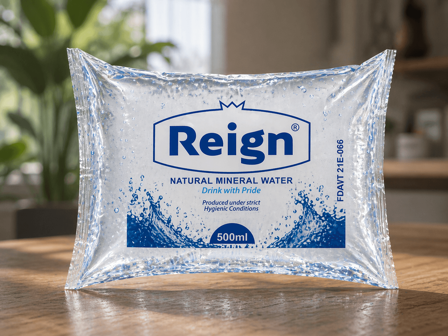 A clear plastic sachet of Reign natural mineral water resting on a wooden table.