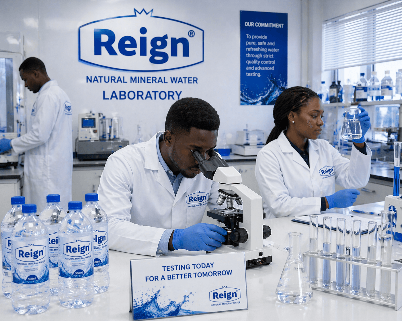 Lab technicians in white coats testing Reign mineral water quality using a microscope and glassware.